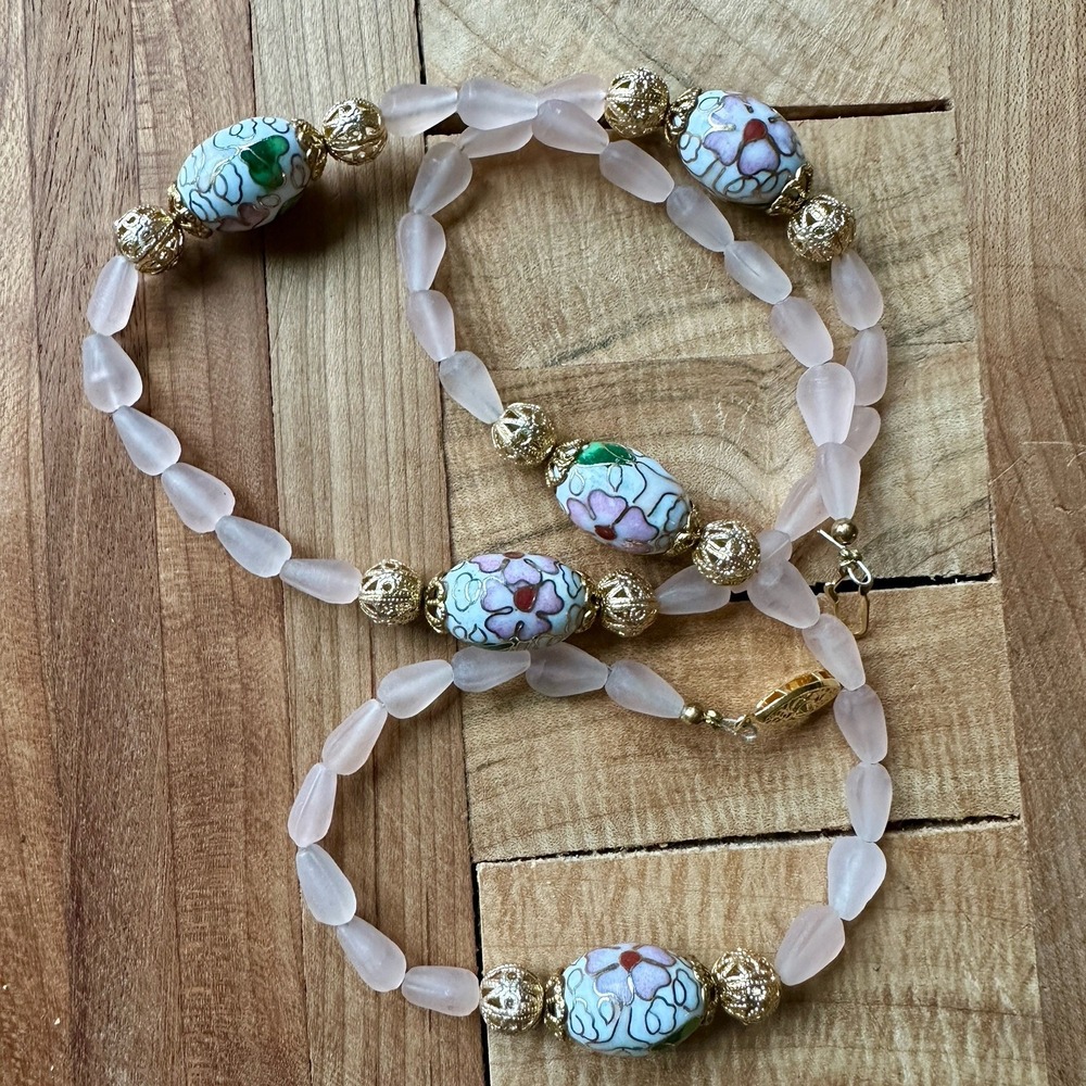 Vintage Japanese Cloisonné Necklace 25 Inch Rose Frosted Bead Gold Plate Flowers